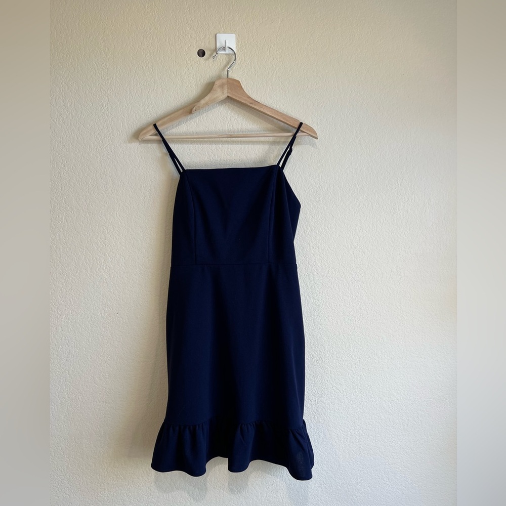 Altar’d state dark navy blue fitted mini dress ties into a bow on the back L
